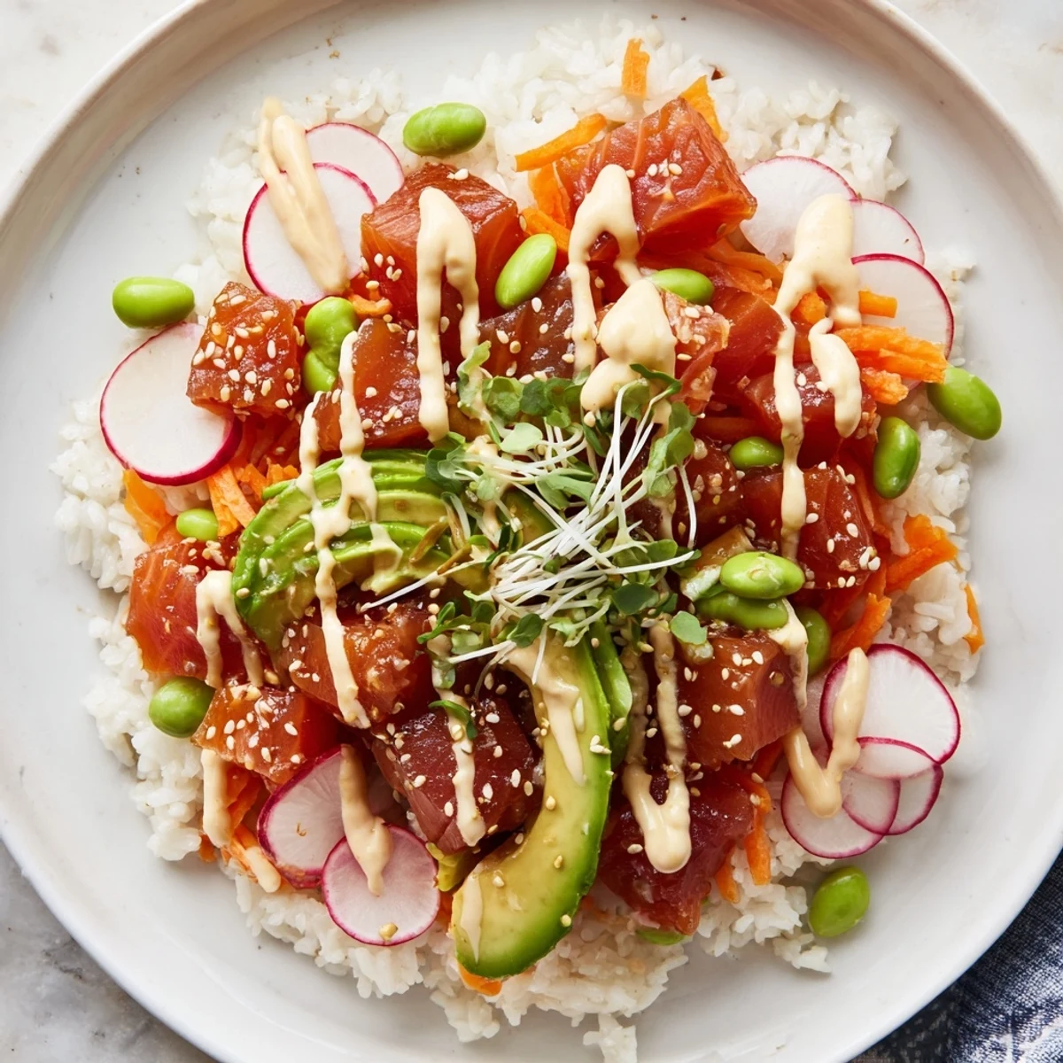 Fresh and flavorful, a vibrant poke bowl with glistening marinated fish and creamy avocado.