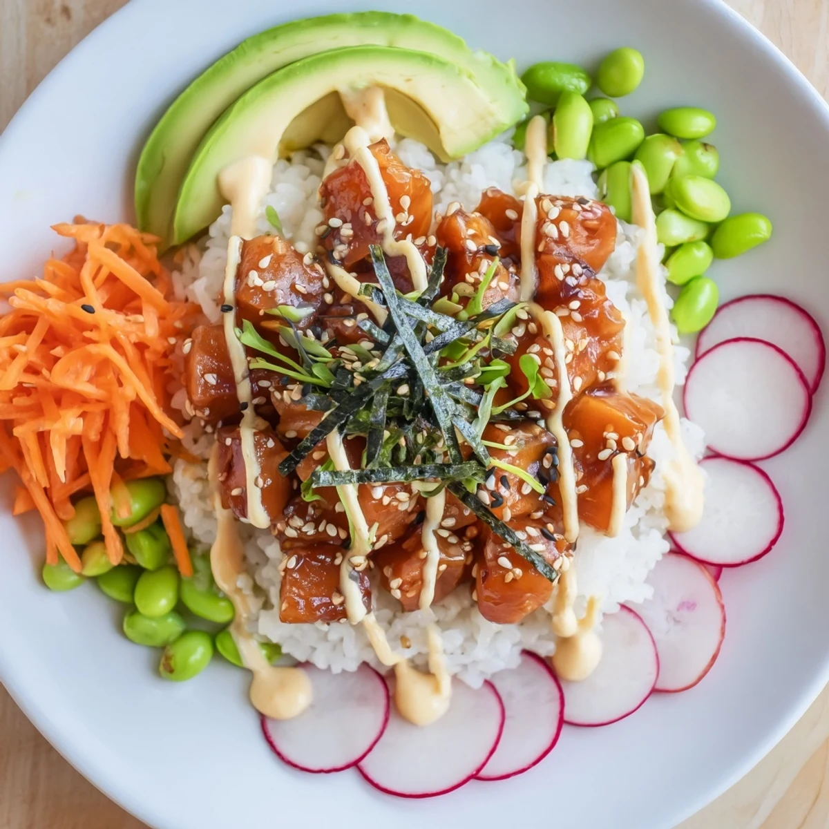 Delicious poke bowl, ready to enjoy, overflowing with sushi rice and colorful toppings.