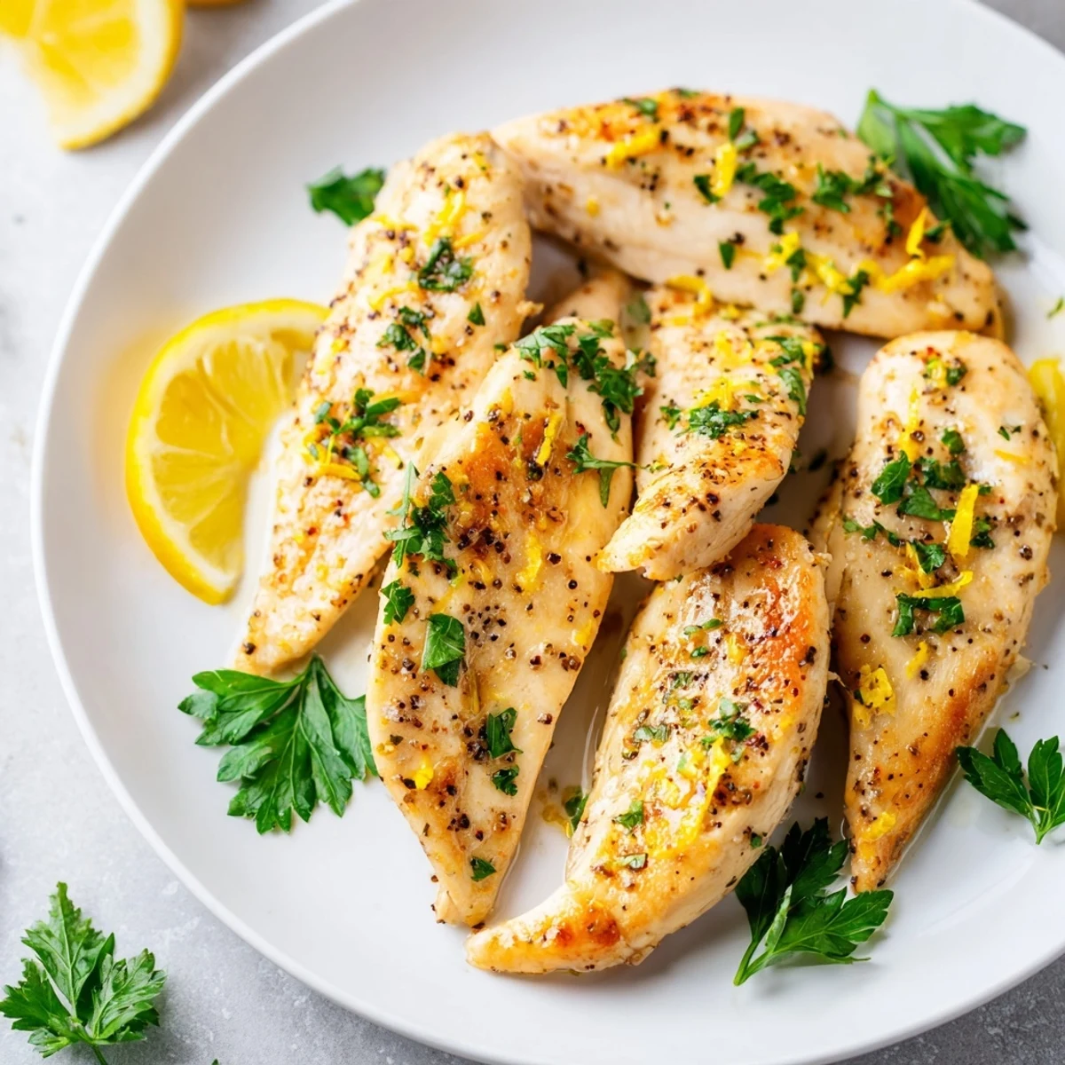 Golden-brown Lemon Pepper Chicken breasts, juicy and tender, ready to serve with lemon wedges.