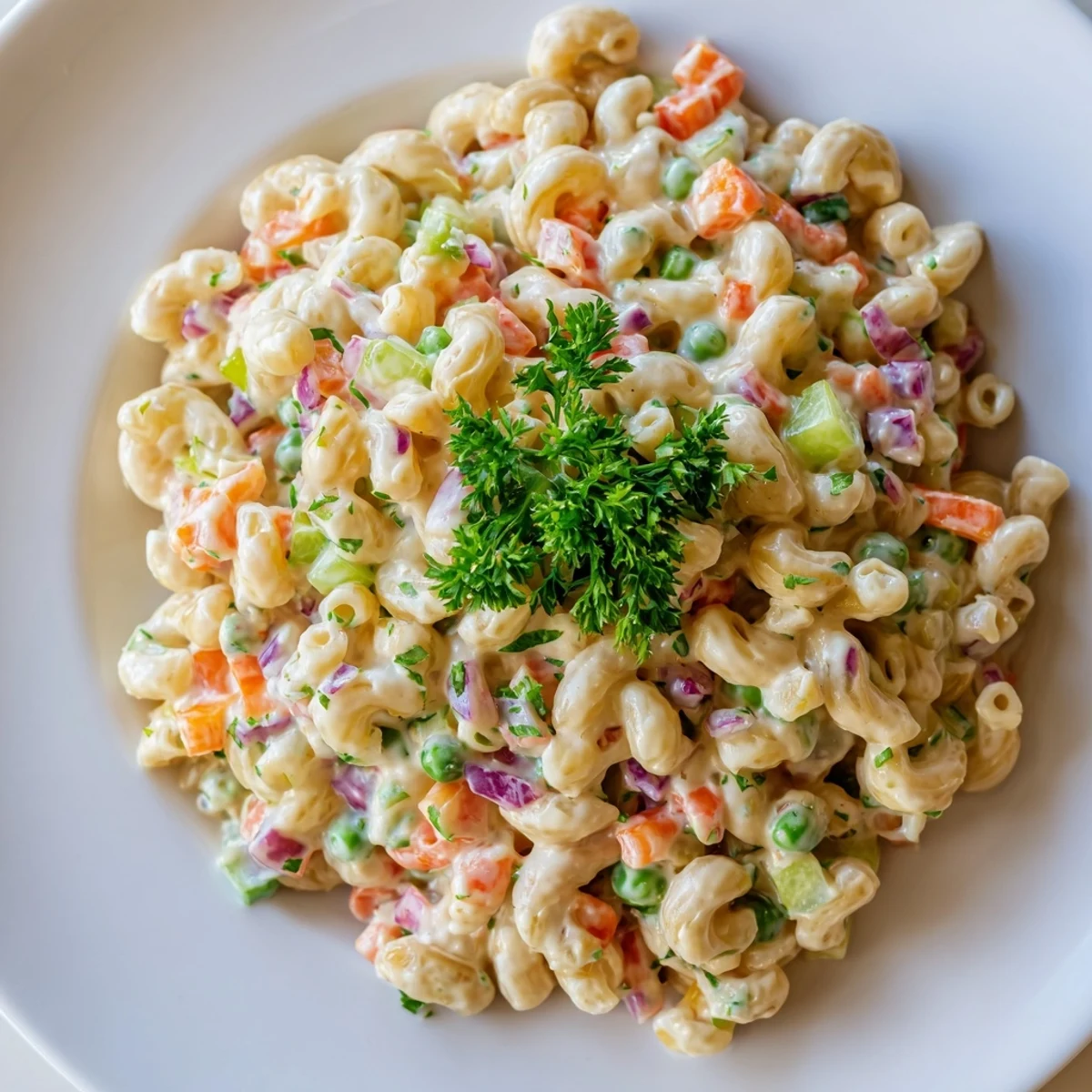 A bowl of fresh macaroni salad, showing colorful vegetables mixed in a rich, tangy dressing.