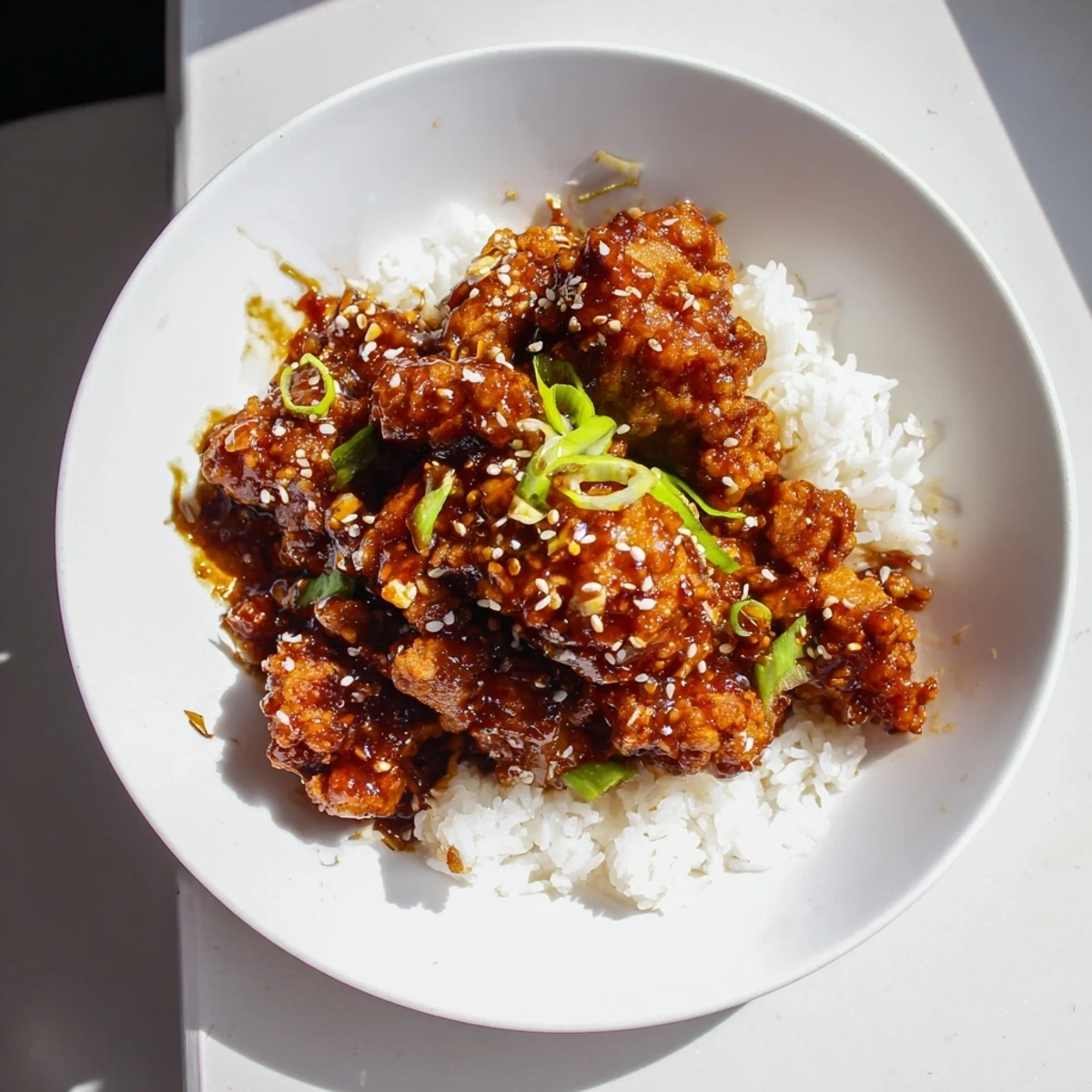 Crispy General Tso's Chicken coated in a thick, shiny sauce, served atop fluffy white rice.