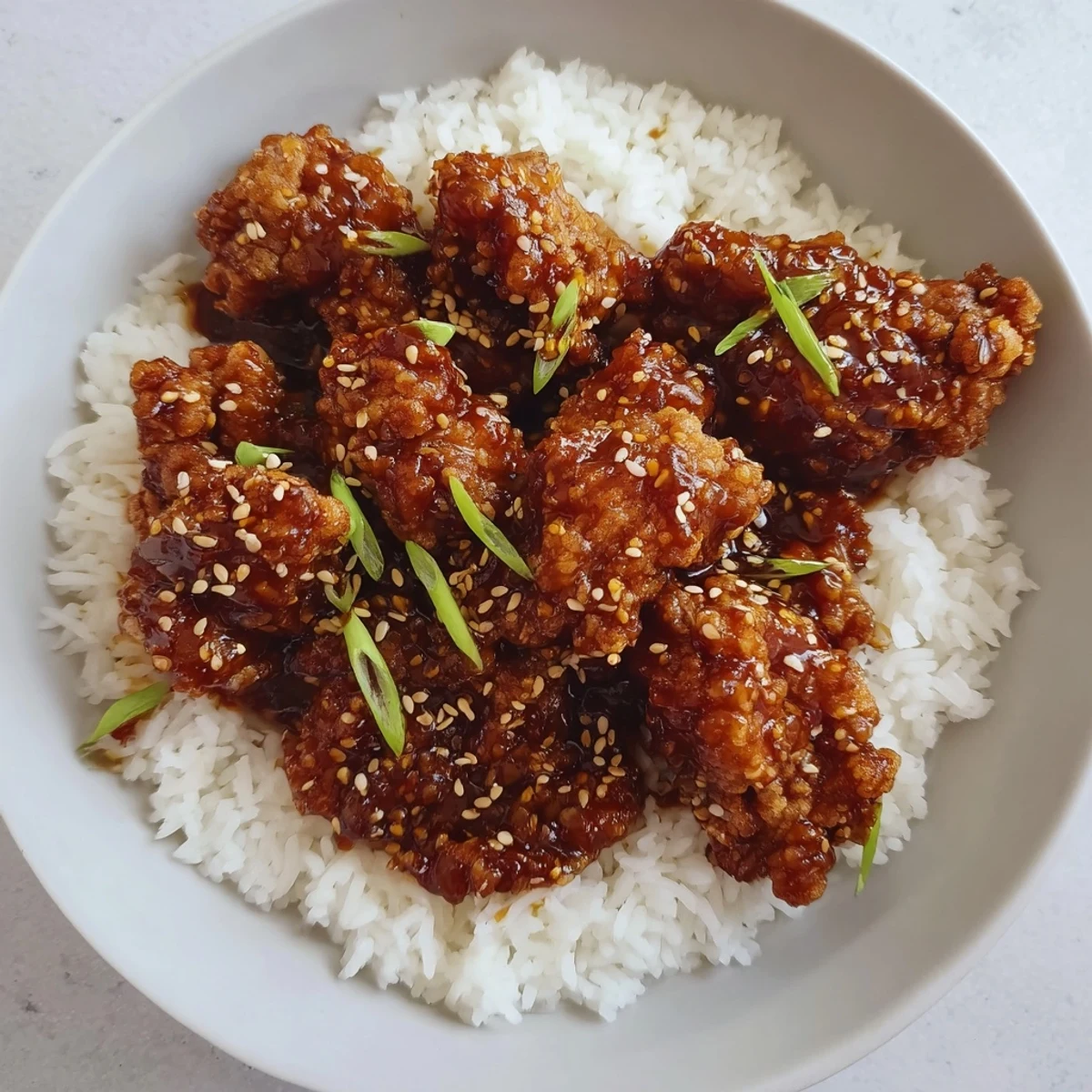 A vibrant photo of golden-brown General Tso's Chicken, with a scattering of green onions on top.