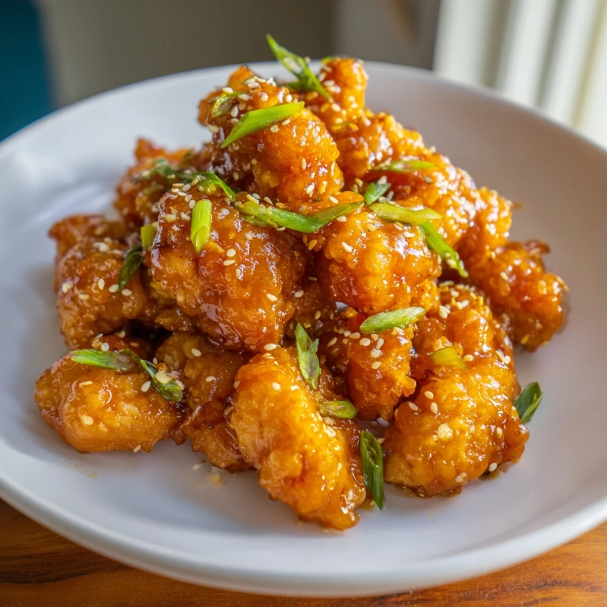 Golden, crispy Orange Chicken glistening in a savory sauce, beautifully presented on a plate.