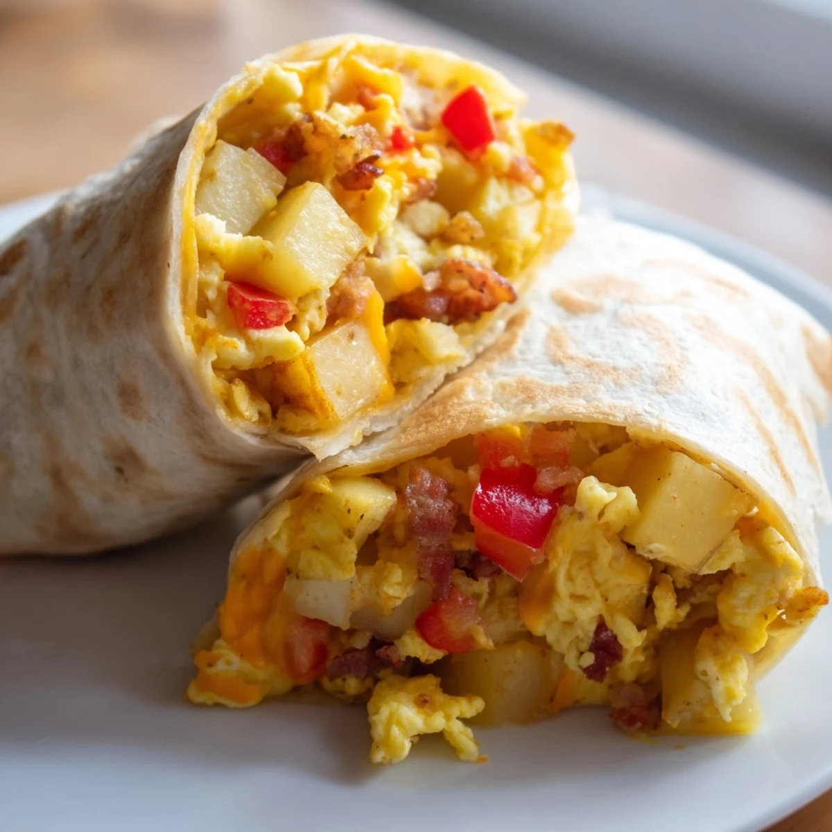Golden-brown, fully-loaded breakfast burrito bursting with cheese, bacon, eggs, and crispy potatoes for breakfast.