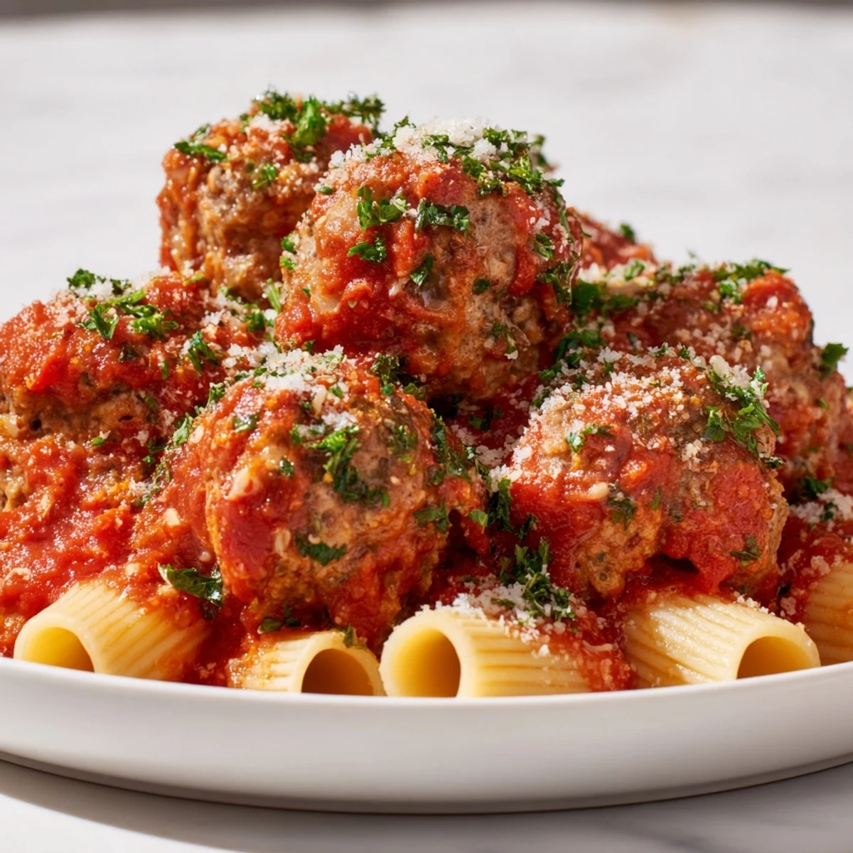 Steaming plate of delicious turkey meatballs, smothered in rich tomato sauce, ready to serve.