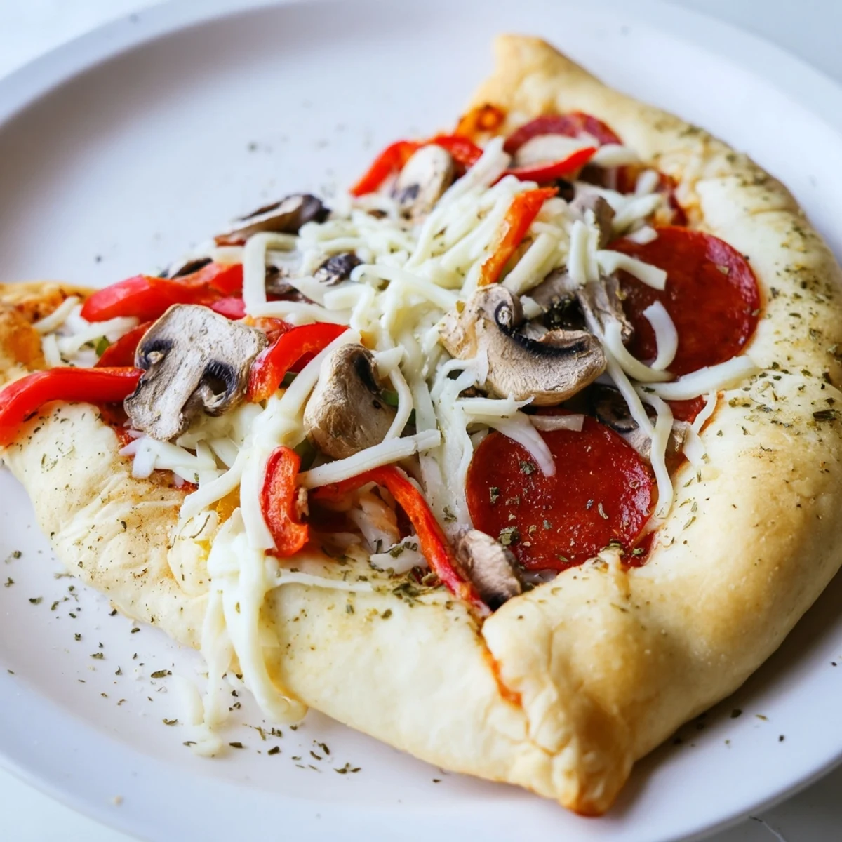 Golden stuffed crust pizza, bubbling with melted cheese and savory toppings, ready to enjoy.