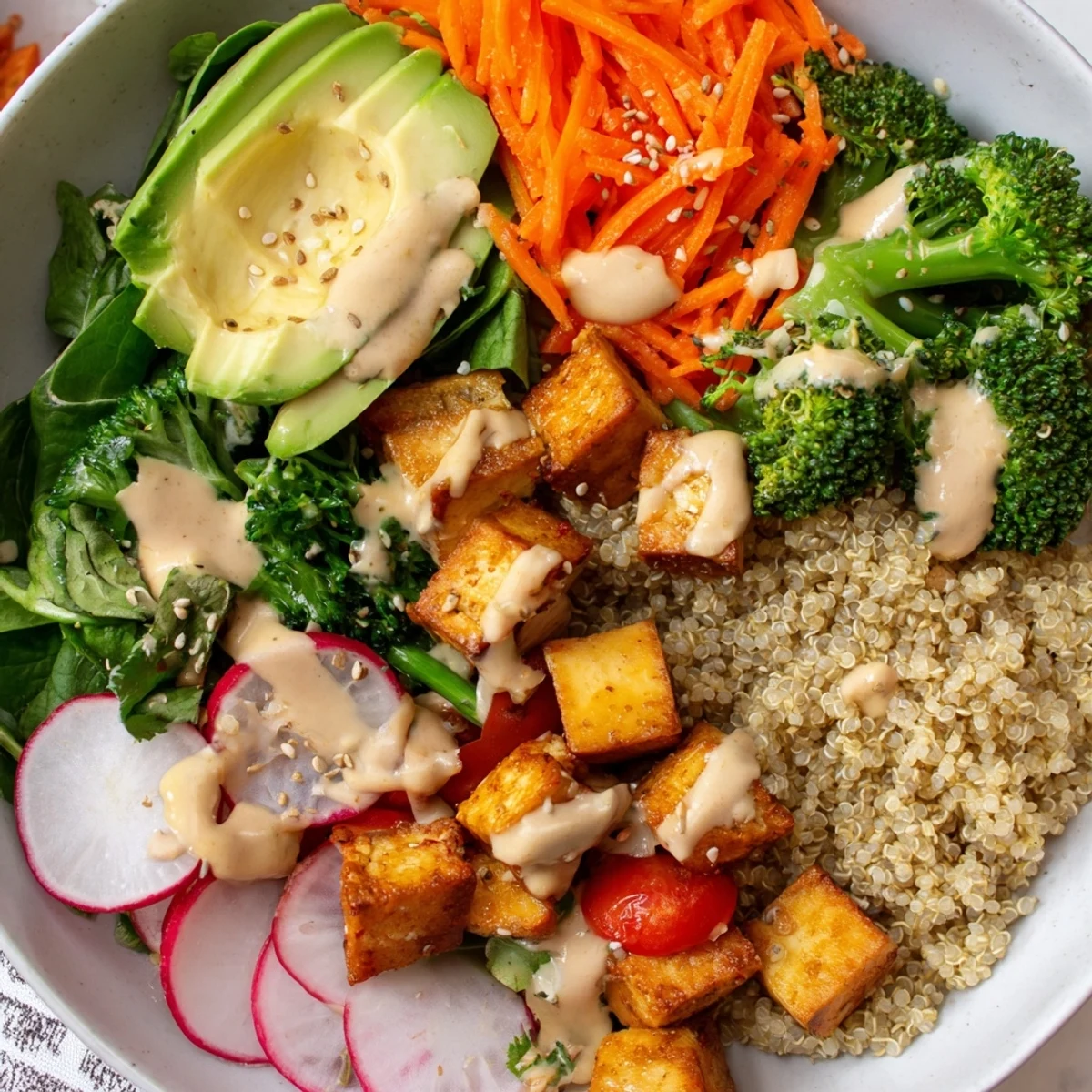 This Buddha bowl displays a delicious contrast with fluffy grains, fresh toppings, and grilled tofu.