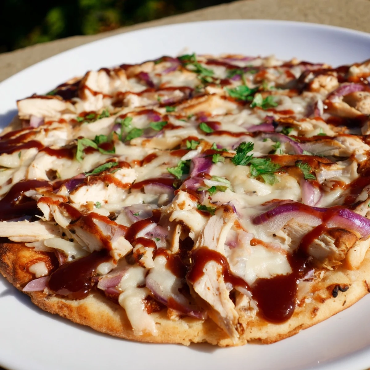 A close-up of a bubbling Chicken BBQ Pizza, showcasing the tender chicken and savory barbecue sauce.