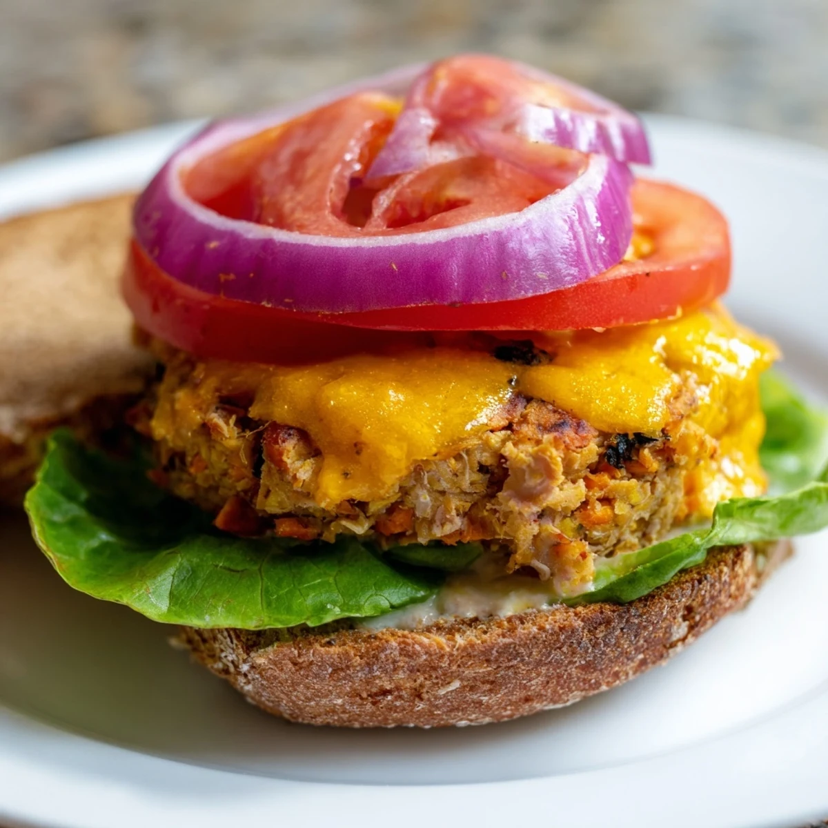 A close-up of a juicy veggie burger, stacked high with fresh tomato and cheese.