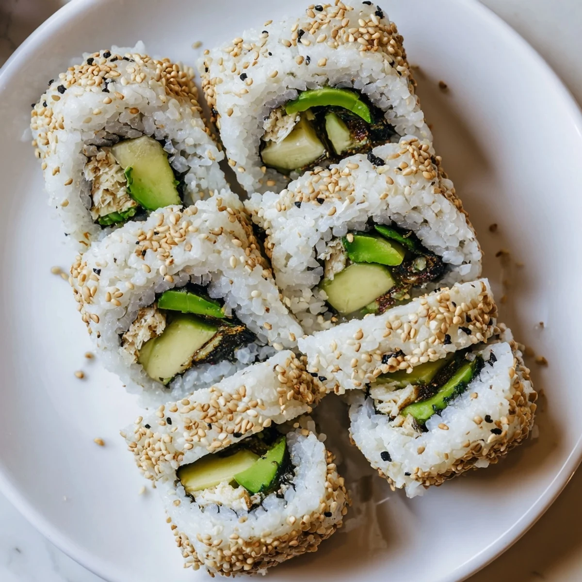 Close-up of a beautifully presented California roll; imagine the creamy avocado and delightful flavors.