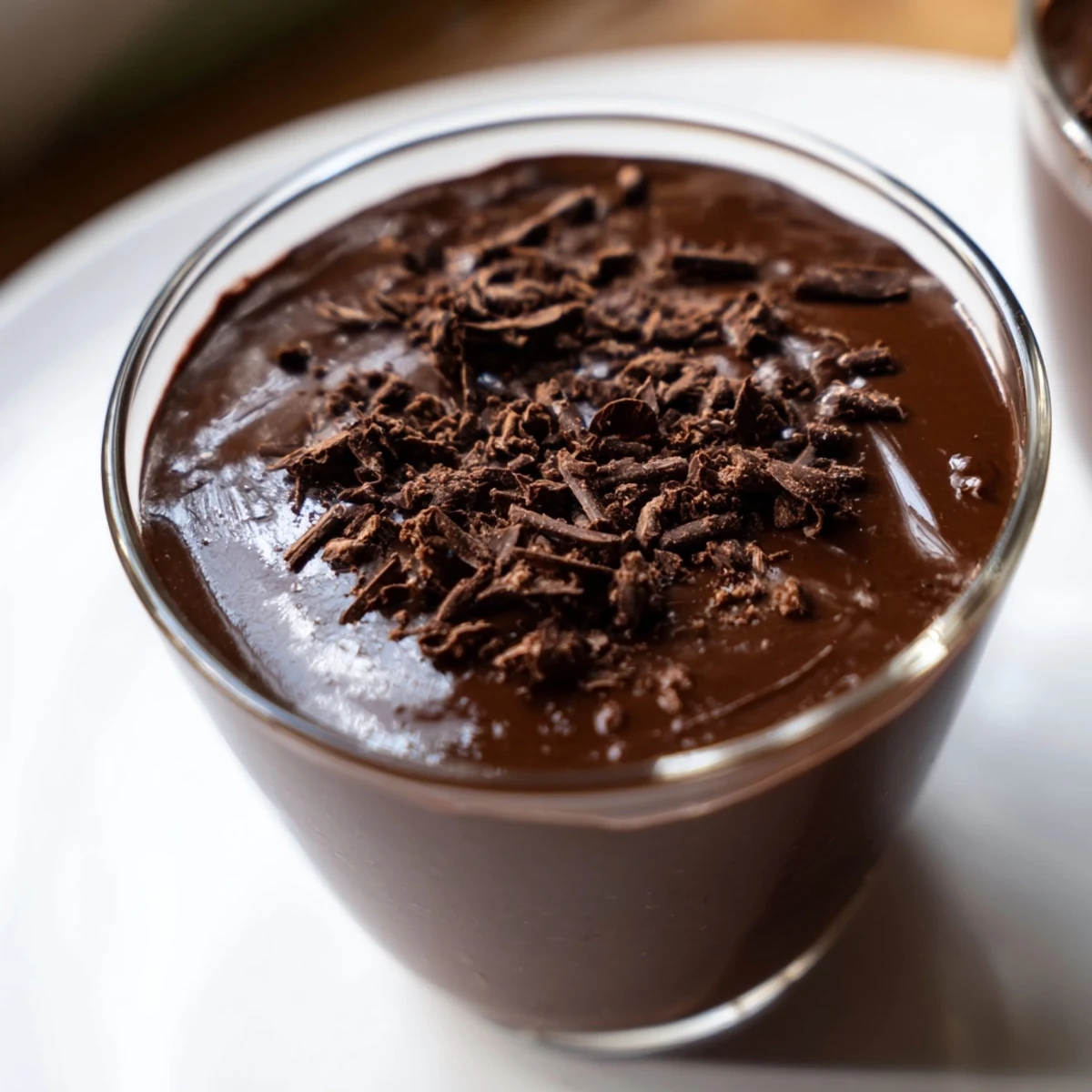 A chilled glass of creamy chocolate pudding, a decadent dessert to savor after dinner.