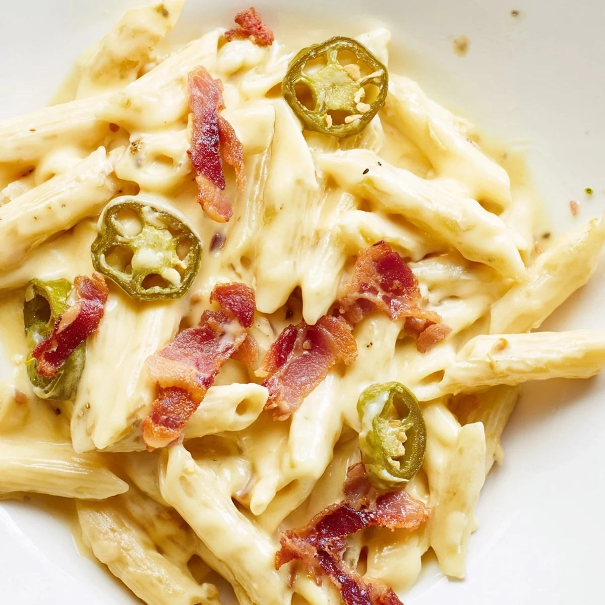 Creamy jalapeño popper pasta with crispy bacon, roasted jalapeños, and melted cheese sauce in a skillet.