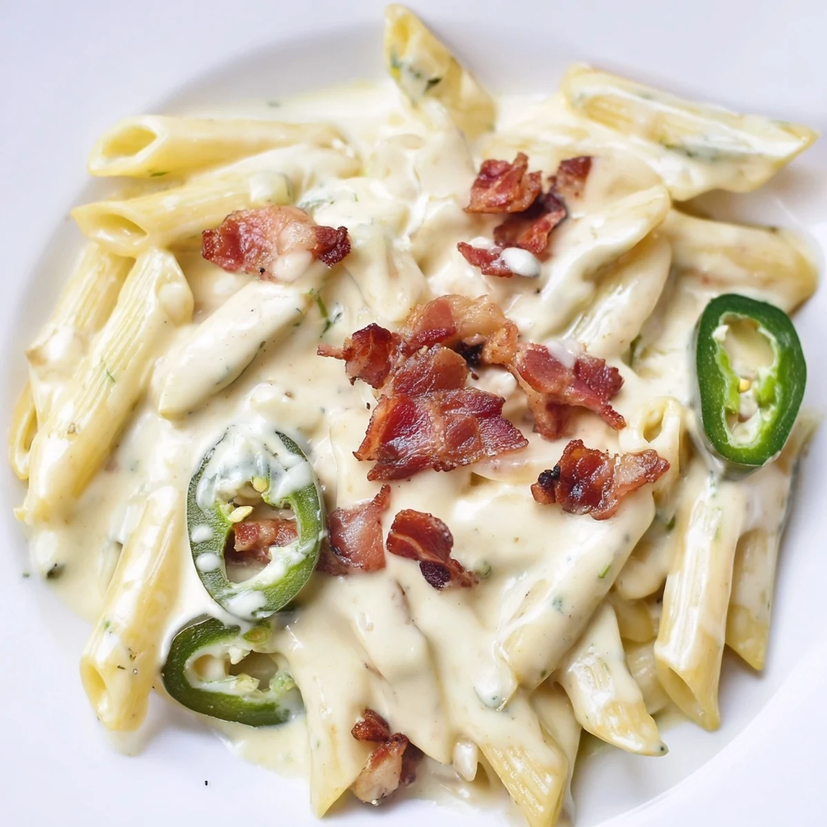 A close-up of cheesy jalapeño popper pasta topped with crumbled bacon and fresh chives on a rustic table.