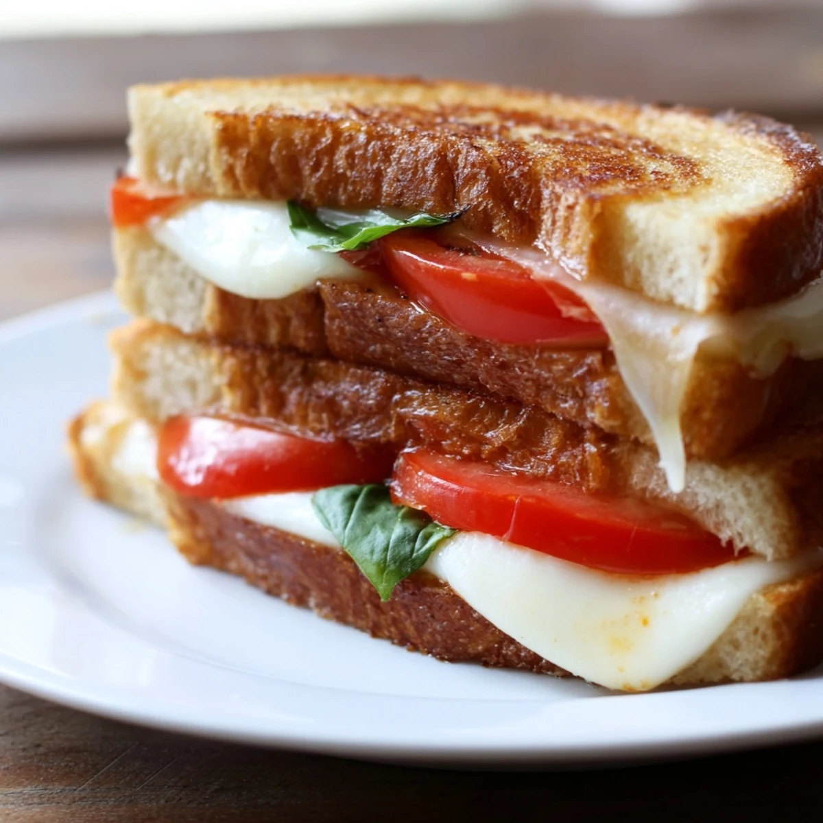 Freshly grilled Tomato Basil Grilled Cheese sandwich with melted mozzarella and juicy tomato slices on a wooden board.