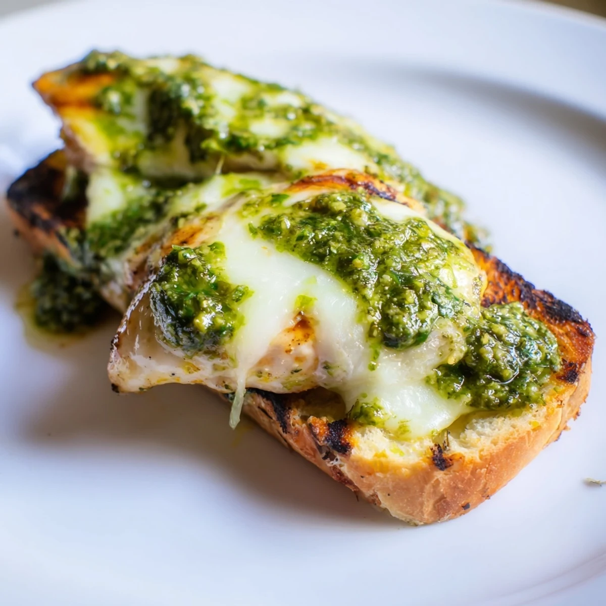 Grilled Pesto Chicken Melt sandwich with melted mozzarella and fresh basil on toasted ciabatta bread.