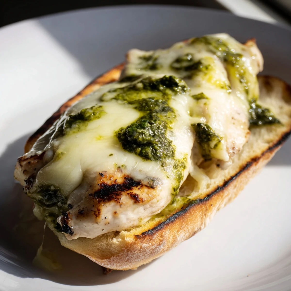 Savory Pesto Chicken Melt served warm on ciabatta, featuring juicy chicken and gooey cheese.