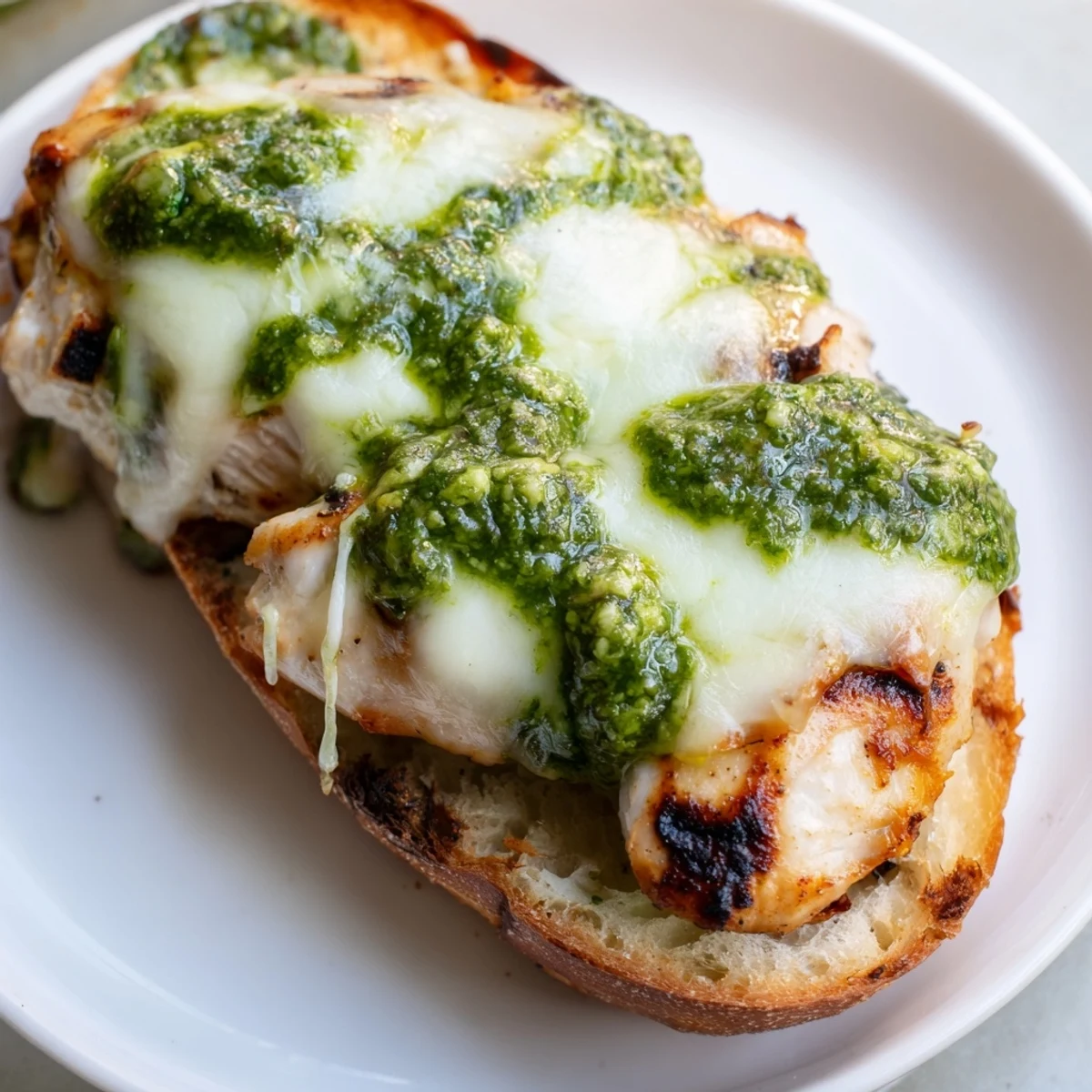 Toasted ciabatta Pesto Chicken Melt with sliced tomatoes, fresh basil, and perfectly melted mozzarella.