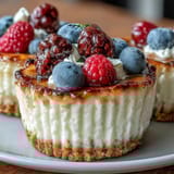 High-protein cottage cheese cheesecake cups with a golden almond flour crust and creamy filling, topped with fresh berries and honey drizzle.