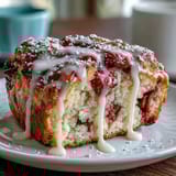 Golden lemon glazed strawberry scones with fresh berries on a rustic wooden board, perfect for a spring breakfast spread.  