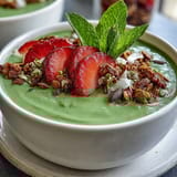 Strawberry Matcha Latte Smoothie Bowl with fresh strawberries and crunchy granola, a vibrant breakfast bowl blending creamy matcha and fruity flavors.