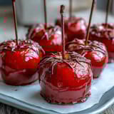 Glossy red candy apples with creamy white chocolate drizzle on a rustic wooden board.