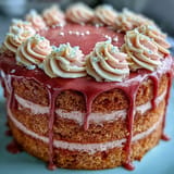 Show-stopping Rosé Velvet Cake, featuring luscious frosting and a decadent gold drip.