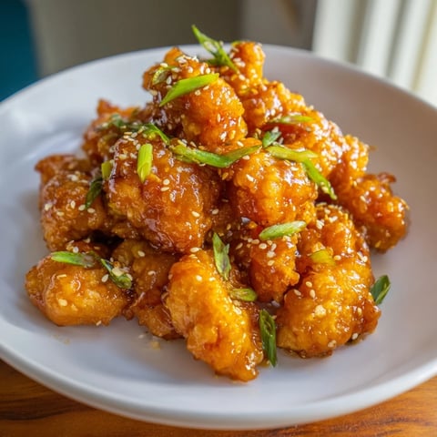 Golden, crispy Orange Chicken glistening in a savory sauce, beautifully presented on a plate.