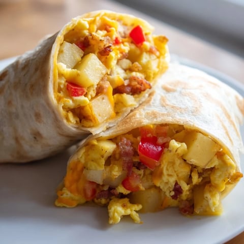 Golden-brown, fully-loaded breakfast burrito bursting with cheese, bacon, eggs, and crispy potatoes for breakfast.