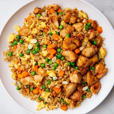 Golden-brown chicken fried rice, with fluffy rice and colorful vegetables in a wok.