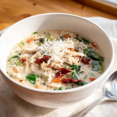 Creamy Tuscan Chicken Soup ladled into a white bowl, garnished with Parmesan and herbs, ready to serve with crusty bread.