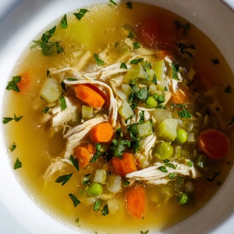 Steam rises from a comforting bowl of Spring Garden Chicken Soup, revealing vibrant green peas and diced zucchini alongside shredded chicken and sliced carrots in a light herb-infused broth.  