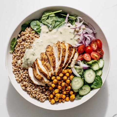 A vibrant Lemon Tahini Chicken Power Bowl with golden chickpeas, mixed greens, and fresh tomatoes, drizzled with creamy zesty sauce.  
