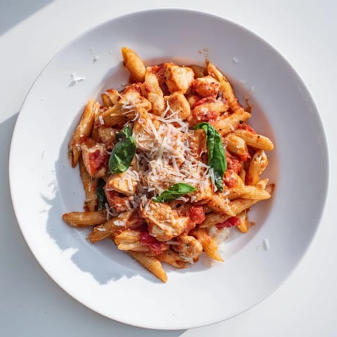 A close-up of Tomato Basil Chicken Pasta, featuring golden sautéed chicken pieces and al dente penne coated in a rich, chunky tomato-basil sauce.  