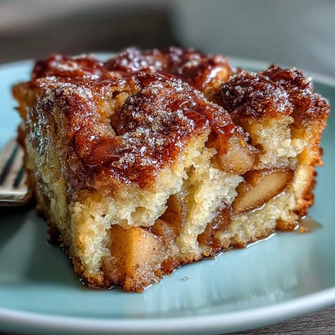 The finished baked apple cake, featuring tender, spice-scented apples peeking out from a moist, golden crumb.