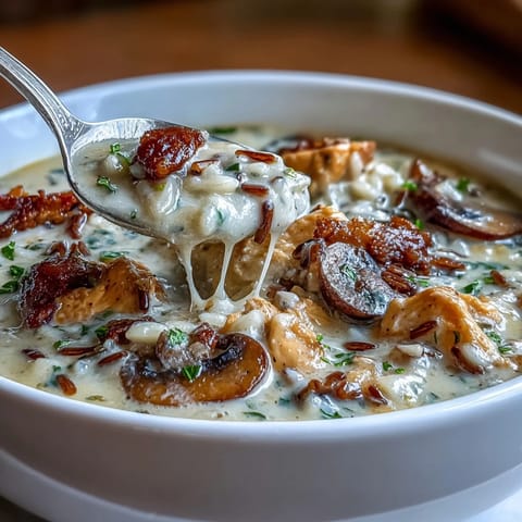 A close-up of creamy Parmesan Mushroom Chicken and Wild Rice Soup in a rustic bowl, topped with melted cheese and fresh parsley.