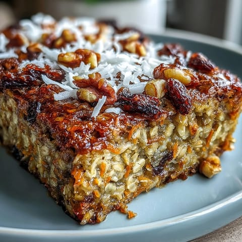 Golden-brown Carrot Cake Baked Oatmeal with a soft, spoonable texture, topped with a dollop of Greek yogurt and maple syrup.