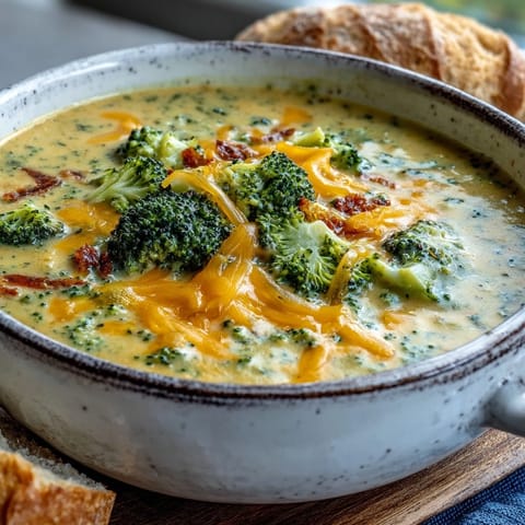A ladle lifting rich Broccoli Cheddar Soup from a pot, revealing tender broccoli florets and shredded carrots in a velvety cheese sauce. Perfect for chilly evenings.