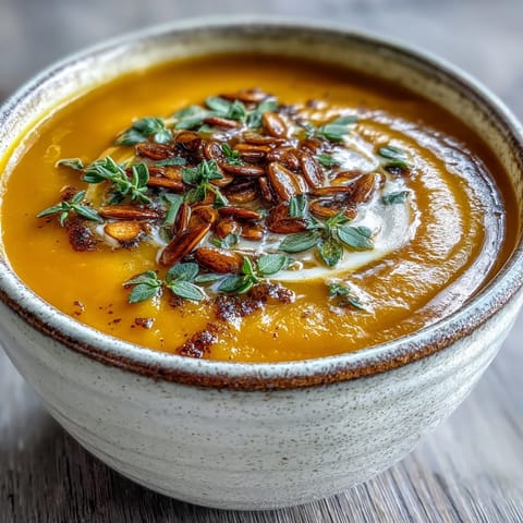 Spoon dipping into creamy Easy Roasted Butternut Squash Soup, with toasted seeds and a drizzle of cream.