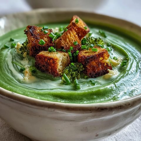 Cream of Broccoli Soup is ladled into a white ceramic bowl, revealing its vibrant green, velvety texture.