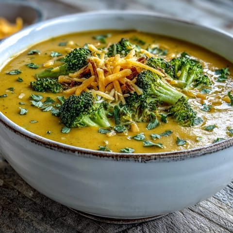 Golden roasted butternut squash and broccoli florets blended into a creamy Butternut Squash Broccoli Cheddar Soup, drizzled with olive oil.