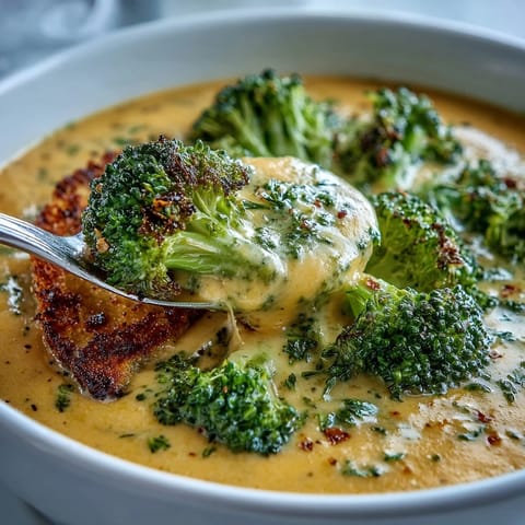 A comforting bowl of Roasted Broccoli Cheddar Soup garnished with extra cheese, served alongside a rustic slice of bread.