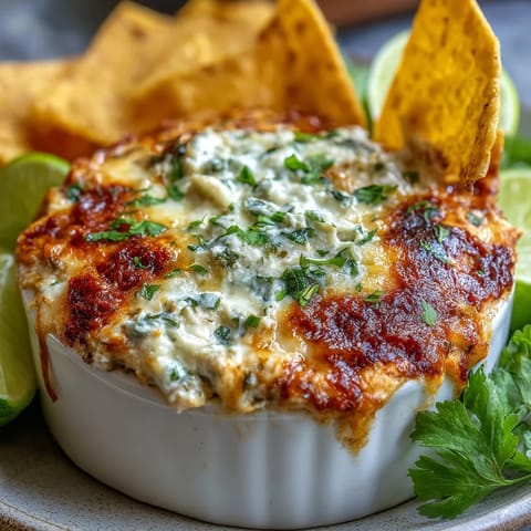 A close-up of bubbly, golden Cilantro and Lime Chicken dip, topped with fresh cilantro and ready to be scooped up with tortilla chips.