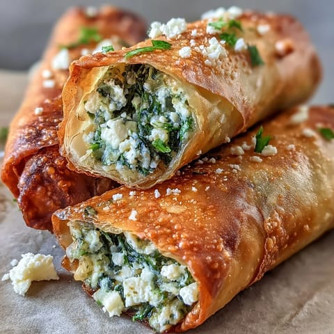 Fried Spanakopita Spring Rolls with flaky wrappers reveal spinach and feta filling beside a drizzle of tangy yogurt sauce.