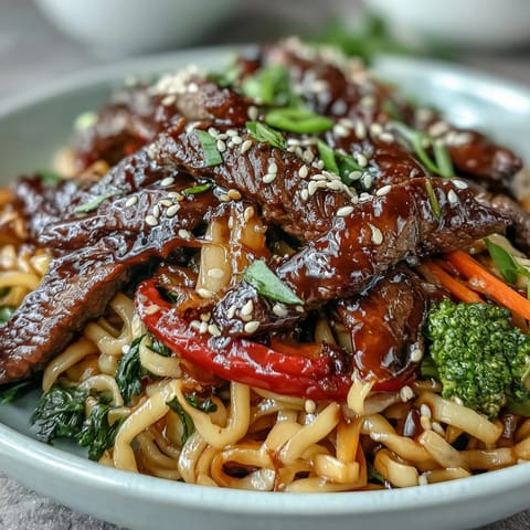 Sauteed Korean Beef Noodles tossed with silky noodles and vibrant peppers in a glossy brown sauce in a skillet.