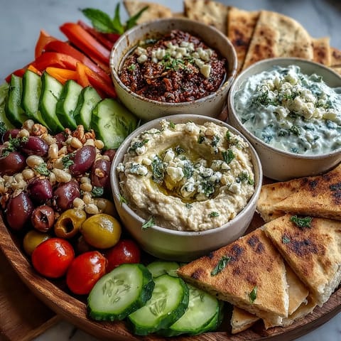 Vibrant Mediterranean Brunch Board with Dips and Flatbreads, surrounded by fresh vegetables, crumbled feta, olives, and mixed nuts.