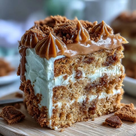 Slice of Decadent Baked Biscoff Cake with Creamy Lotus Frosting on a white plate, ready to enjoy with a hot cup of coffee.