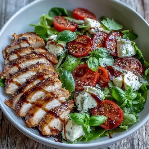Grilled Caprese Chicken Bowl with juicy sliced chicken, ripe tomatoes, fresh mozzarella, and basil on greens, drizzled with balsamic reduction.  