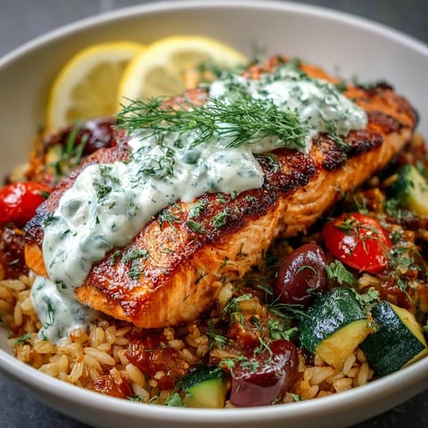 Golden salmon rests atop crispy rice in this Crispy Rice Salmon Bowl with zesty lemon-yogurt drizzle.