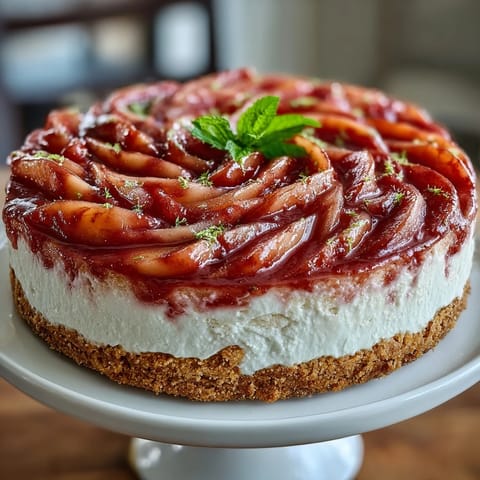 Freshly sliced Easy Guava Swirl Cheesecake reveals vibrant pink swirls of guava marmalade against a creamy, no-bake filling and crumbly biscuit crust.