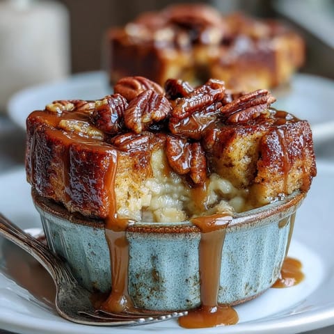 Fork-ready slice of Guava Caramel Bread Pudding with Pecans reveals pockets of tangy guava and toasted nuts.